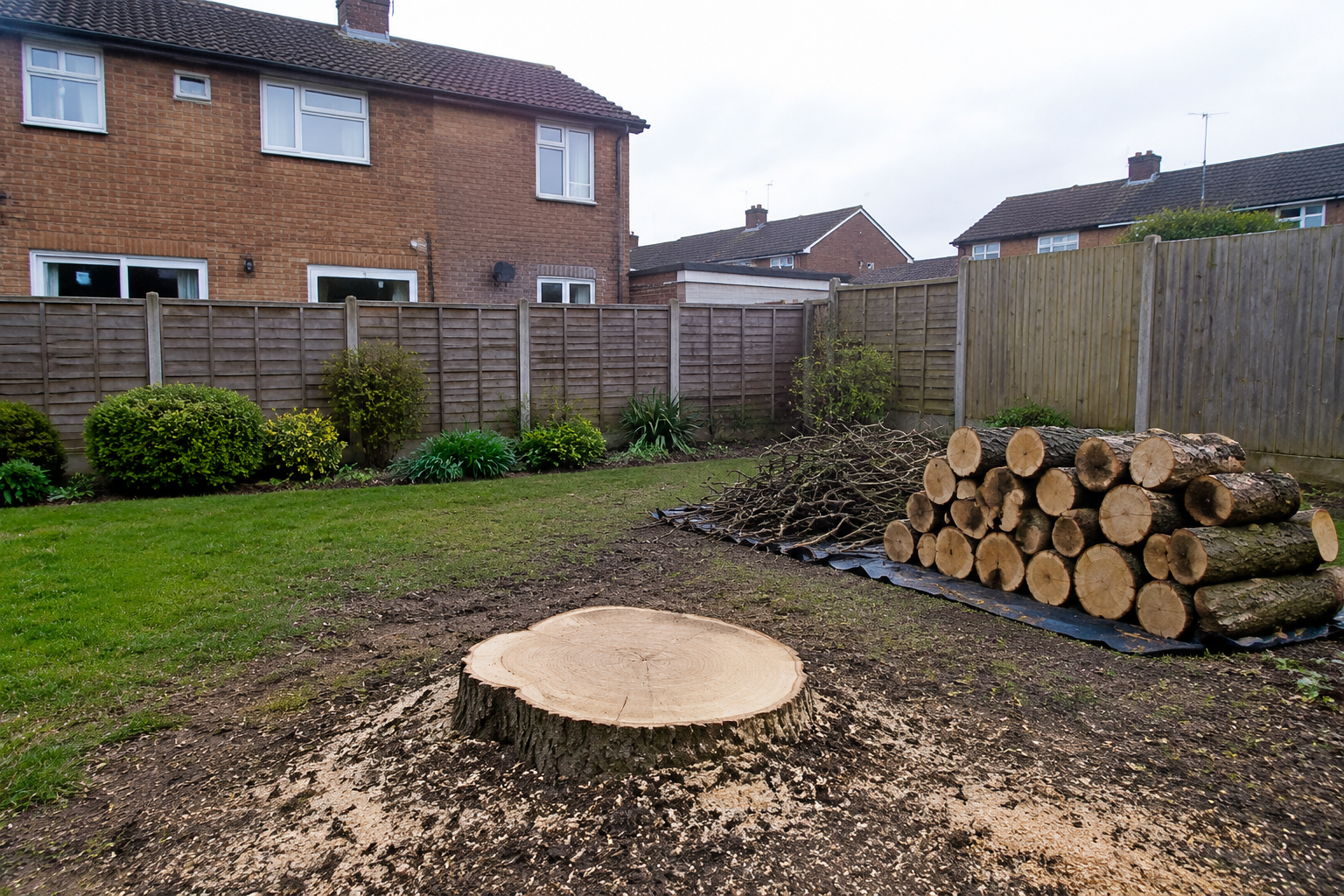 Large stump and stacked timber after removal