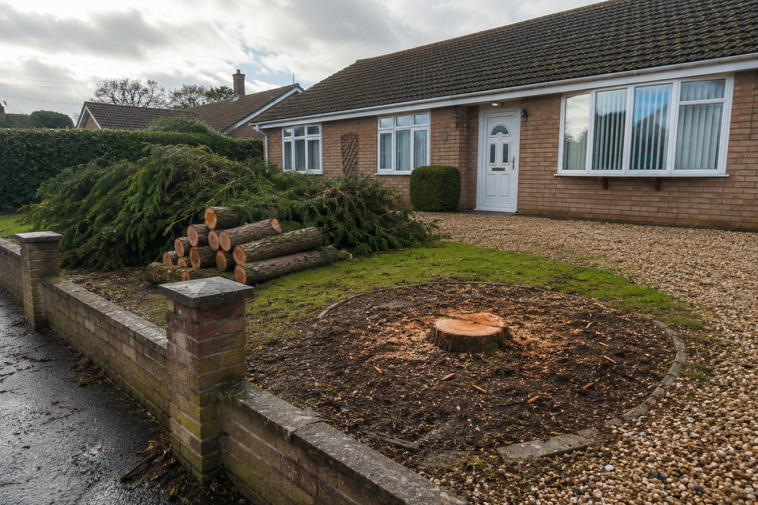 Front garden tree removal with timber stacked