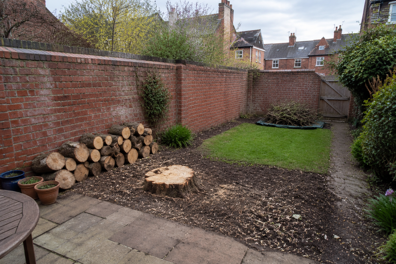 Back garden tree removal and stacked timber